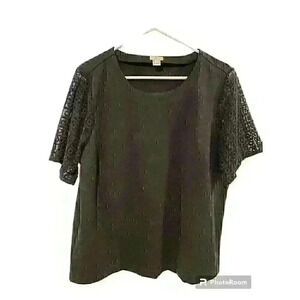 J Crew Womens Large Top Black Lace Mixed Media Short Sleeve Cotton Blend Office